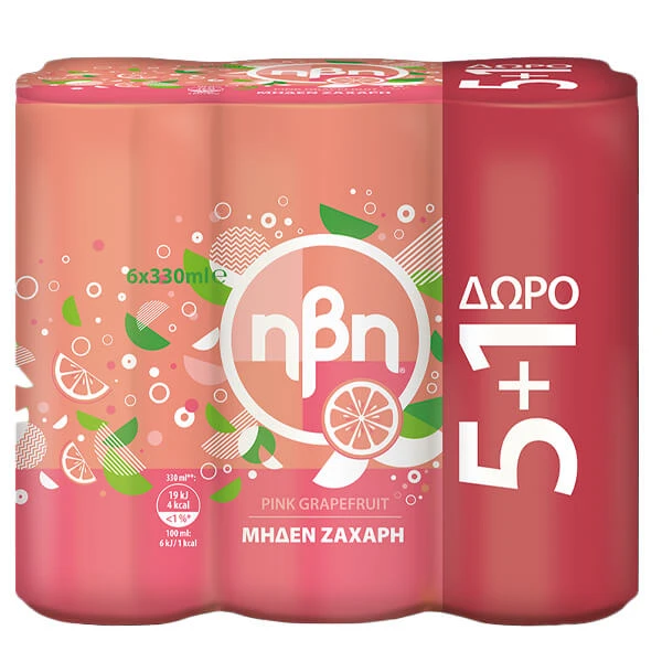 Αναψυκτικό Pink Grapefruit Χωρίς Ζάχαρη ΗΒΗ 330ml (5+1 Δώρο)
