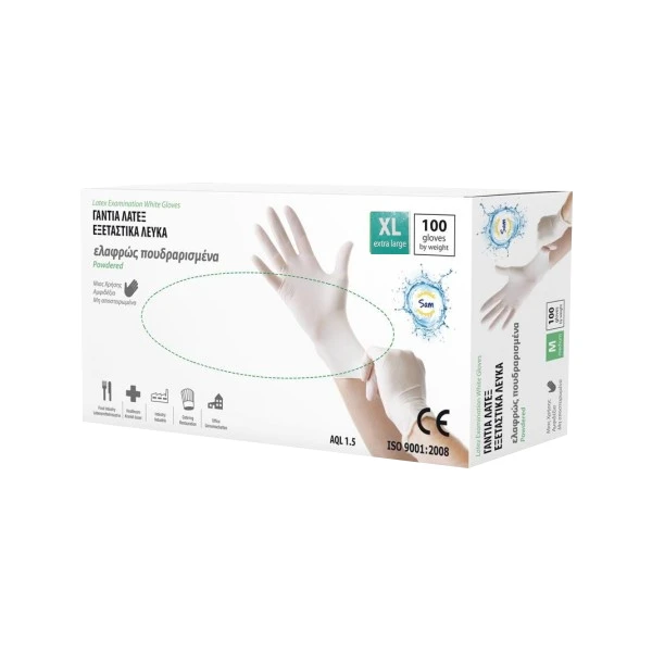 Γάντια Λάτεξ Ελαφρώς Πουδραρισμένα XL Λευκά SAM 100τμχ