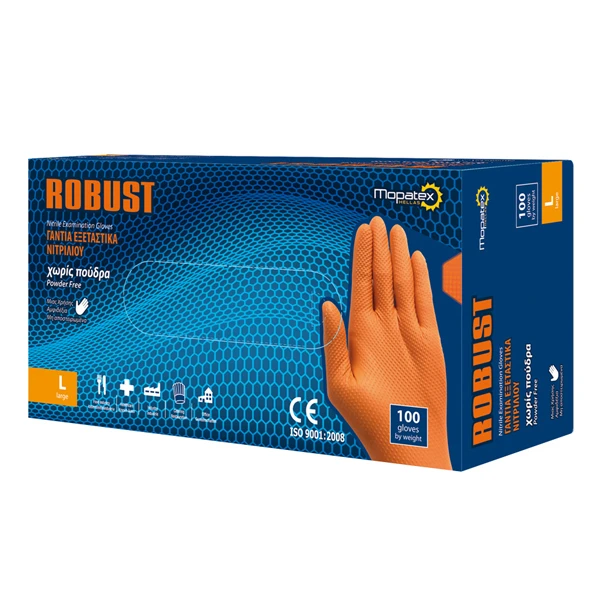 Γάντια Νιτριλίου Χωρίς Πούδρα Large Πορτοκαλί ROBUST 100τμχ