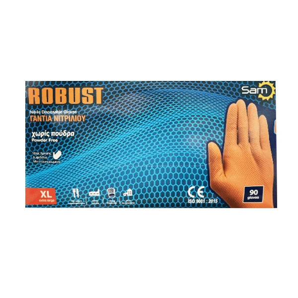 Γάντια Νιτριλίου Χωρίς Πούδρα XL Πορτοκαλί ROBUST 90τμχ