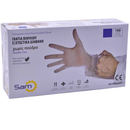 Γάντια Βινυλίου Χωρίς Πούδρα XL Διαφανή SAM 100τμχ