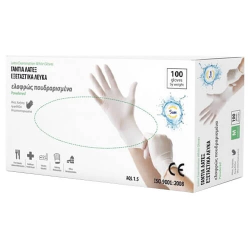 Γάντια Λάτεξ Ελαφρώς Πουδραρισμένα Small Λευκά SAM 100τμχ