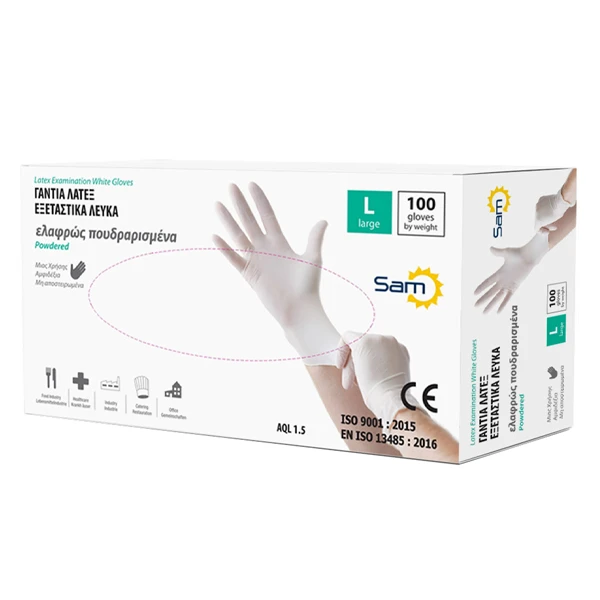 Γάντια Λάτεξ Ελαφρώς Πουδραρισμένα Large Λευκά SAM 100τμχ