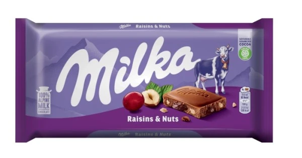 Σοκολάτα Raisins & Huzelnuts MILKA 90gr
