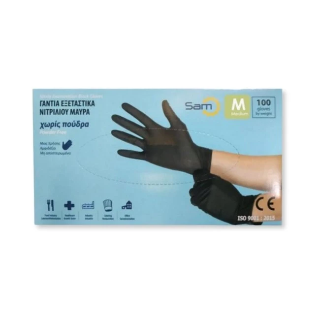 Γάντια Νιτριλίου Μαύρα Medium SAM 100τμχ