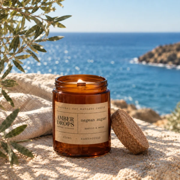 Aegean August Massage Candle Φυσικό Κερί Σόγιας 175ml AMBER DROPS 1τμχ